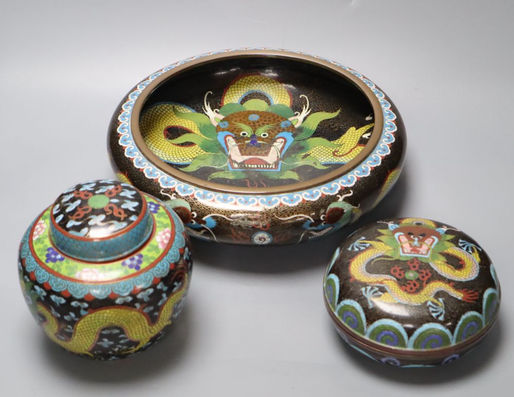 An early 20th century Chinese dragon bowl, a box and cover and a ginger jar and cover, largest diameter 30cm